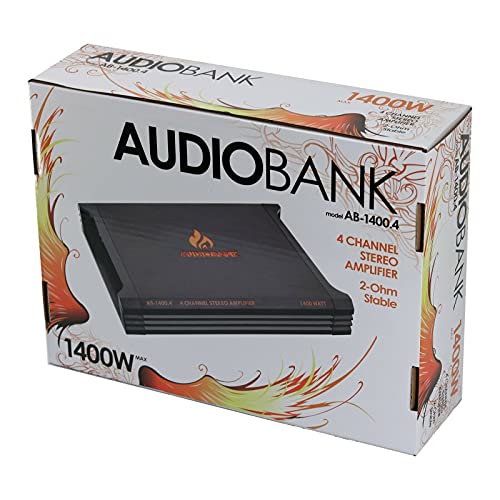 Audiobank AB1400.4 4 Channel 1400 Watt 2 Ohm A/B Class Car Audio Stereo Speaker Amplifier with Bass Control, Bridgeable, LED Indicator with Bass Knob Included Audiobank AB1400.4 4 Channel 1400 Watt 2 Ohm A/B Class Car Audio Stereo Speaker Amplifier with Bass Control, Bridgeable, LED Indicator with Bass Knob Included